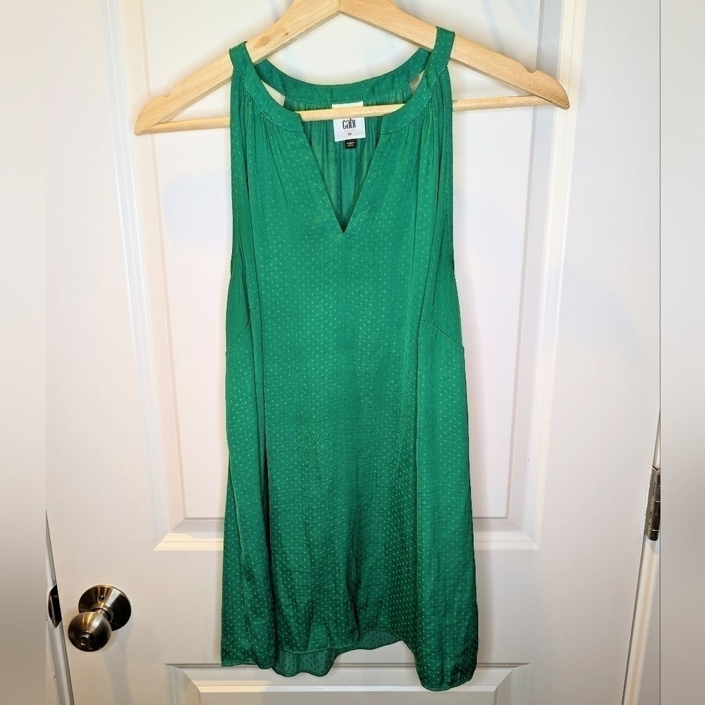 CABI Green Long Vneck Tank Top Polka Dot Size Medium style 5549